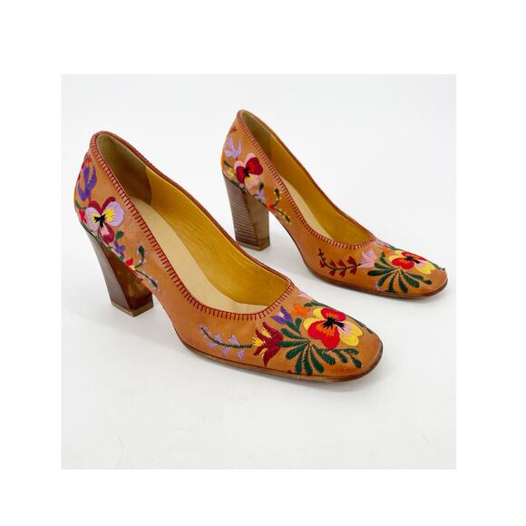 Miu Miu Shoes - Miu Miu Vintage Tan Leather Floral Embroidered Square Toe Block Heel Pumps IT 36